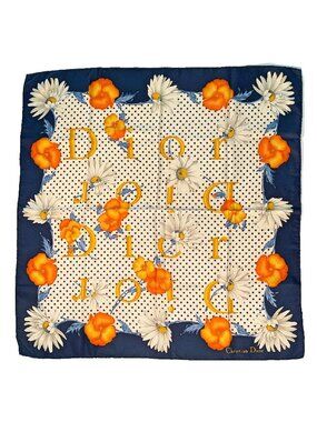 Vintage Christian Dior Silk Scarf Polka Dot Floral Logo Square Italy